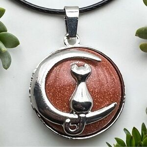 New Sandstone Cat and Moon Pendant Necklace w Cord